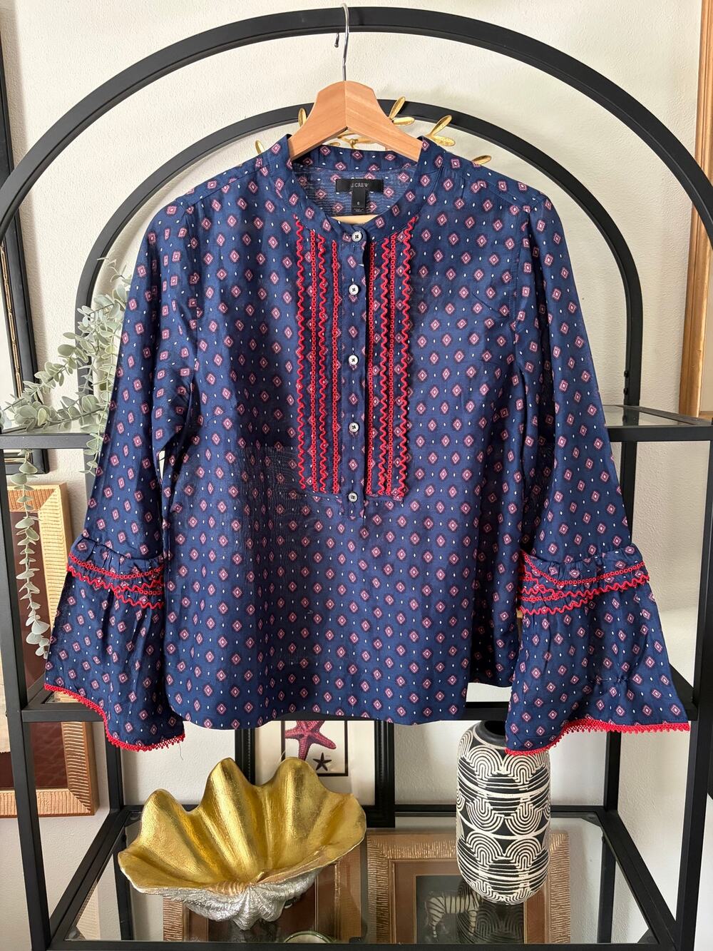 J.Crew Womens 6 Cotton Silk Embroidered Bell Sleeve Peasant Blouse Navy Boho - Picture 1 of 7